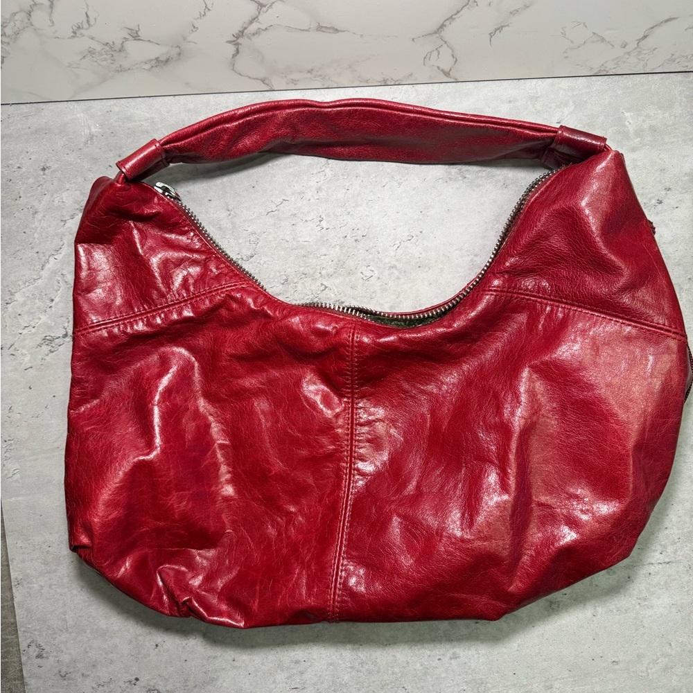 HOBO Gorgeous Deep Red Leather Hobo Bag with Glossy Finish, NWOT